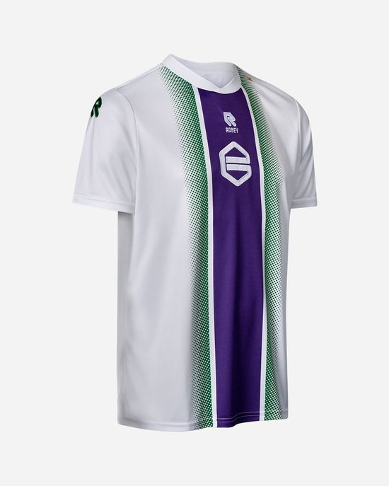Wit voetbalshirt met een paarse baan middenvoor, omrand door groene strepen en stippen. Robey logo op de borst.