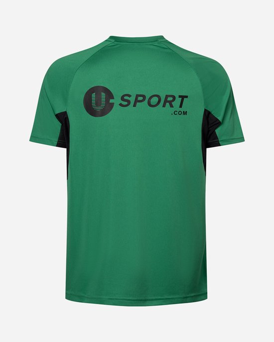 Achterkant groen sportshirt met een zwart 'U SPORT .COM' logo op de rug en zwarte accenten op de zijkanten.