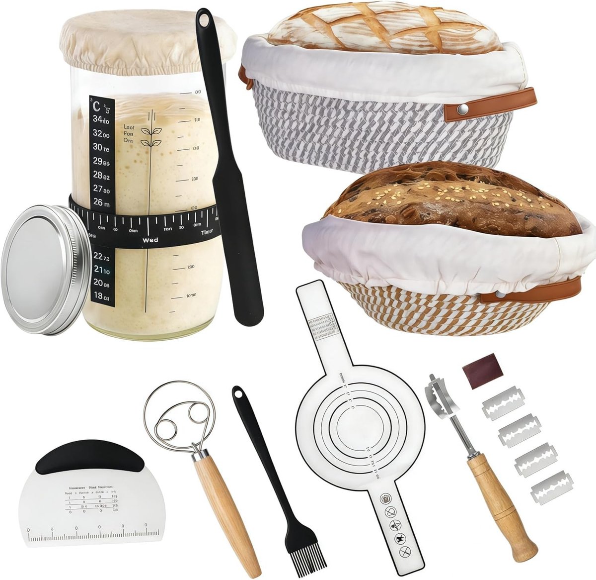 Zuurdeeg Broodbakset - 2 Rijsmandjes Katoen/Linnen - Deeggereedschap - Voor Thuisbakkers