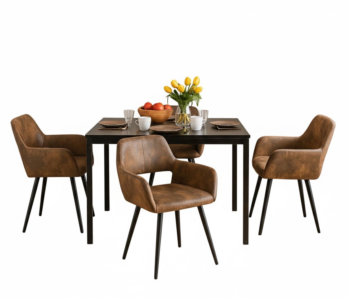 Eethoek - Uitschuifbare Tafel Met 4 Kunstsuède Armstoelen - Bruin