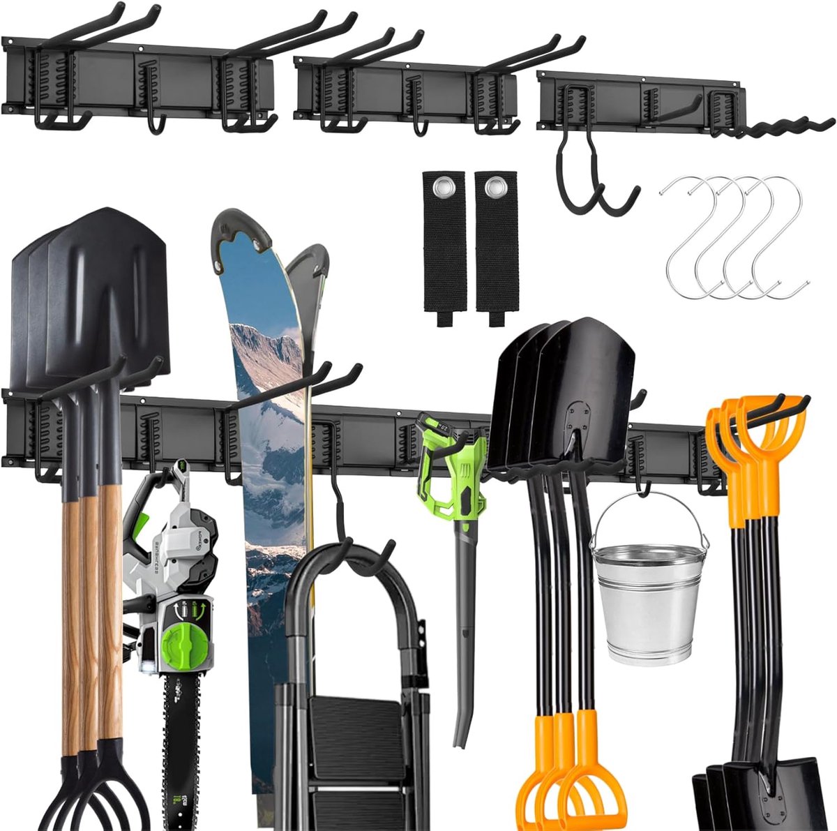 SnelShoppen - Tuin Gereedschaphouder 122cm - Gravity Garage Tool Organizer Wandmontage met 9 Garage Haken en 4 S-Haken voor Tuingereedschap, Scheppen,
