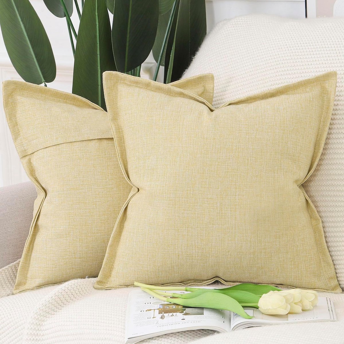 Cushion covers set 50x50cm - imitatie linnen - lichtgeel - zachte decoratieve kussens voor sofa en slaapkamer - ShopVlot