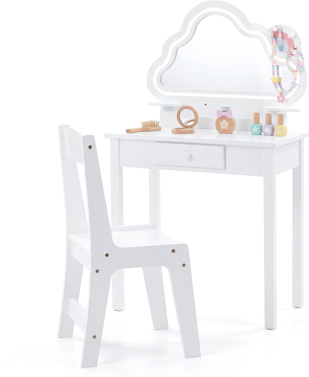 COSTWAY Kindermake-up tafel met wolkenvormige verlichting (Wit) | Kinderschminktafel, Kaptafel met kruk, Spiegel, Lade, Planken & Haken, Make-up tafel voor meisjes vanaf 3 jaar