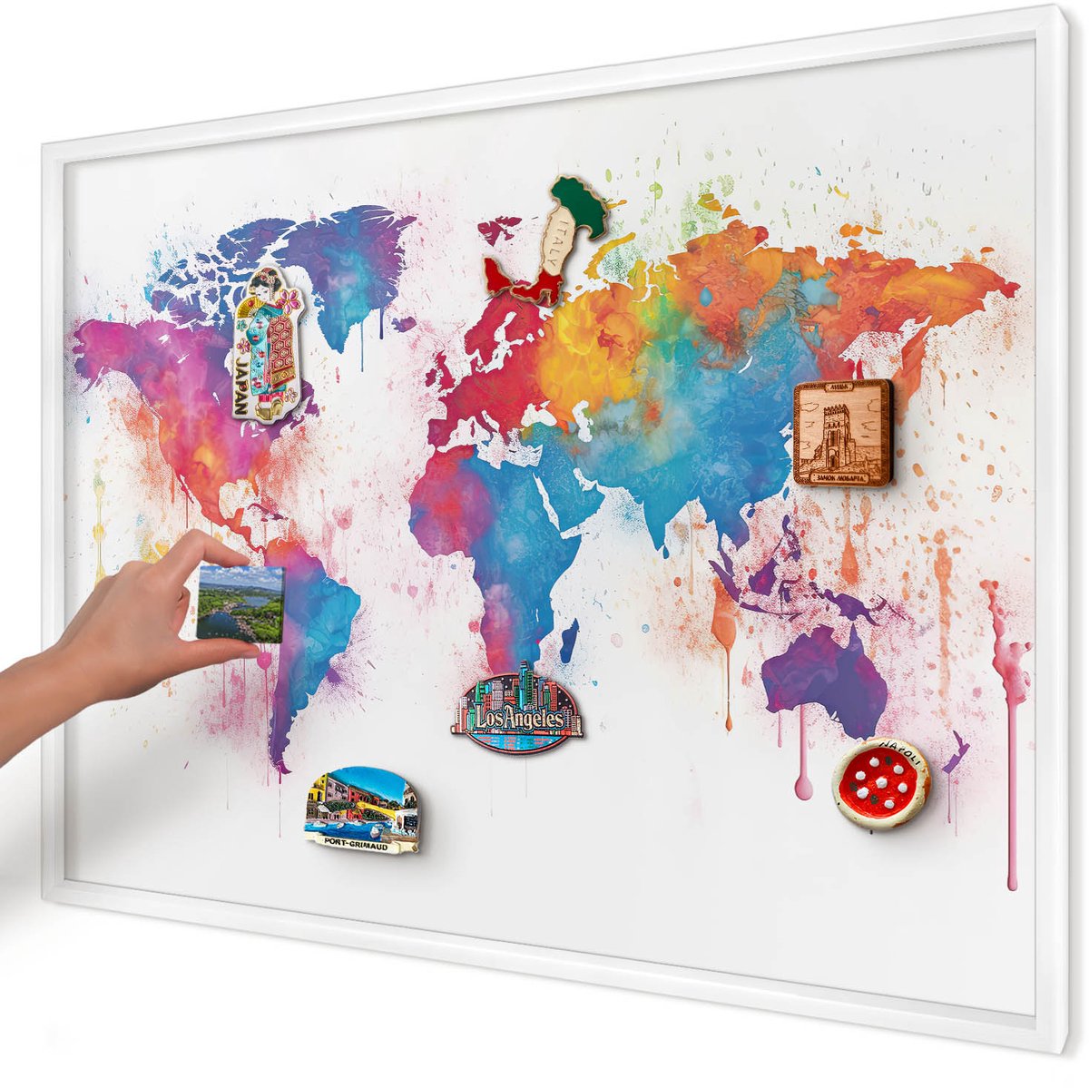 Artprintcave Blauw Magneetbord mit Witte Lijst - 100x70 cm - Kleurenkaart Magneetbord Voor Keuken - Waterverf Wandbord Magnetisch - Kaarten