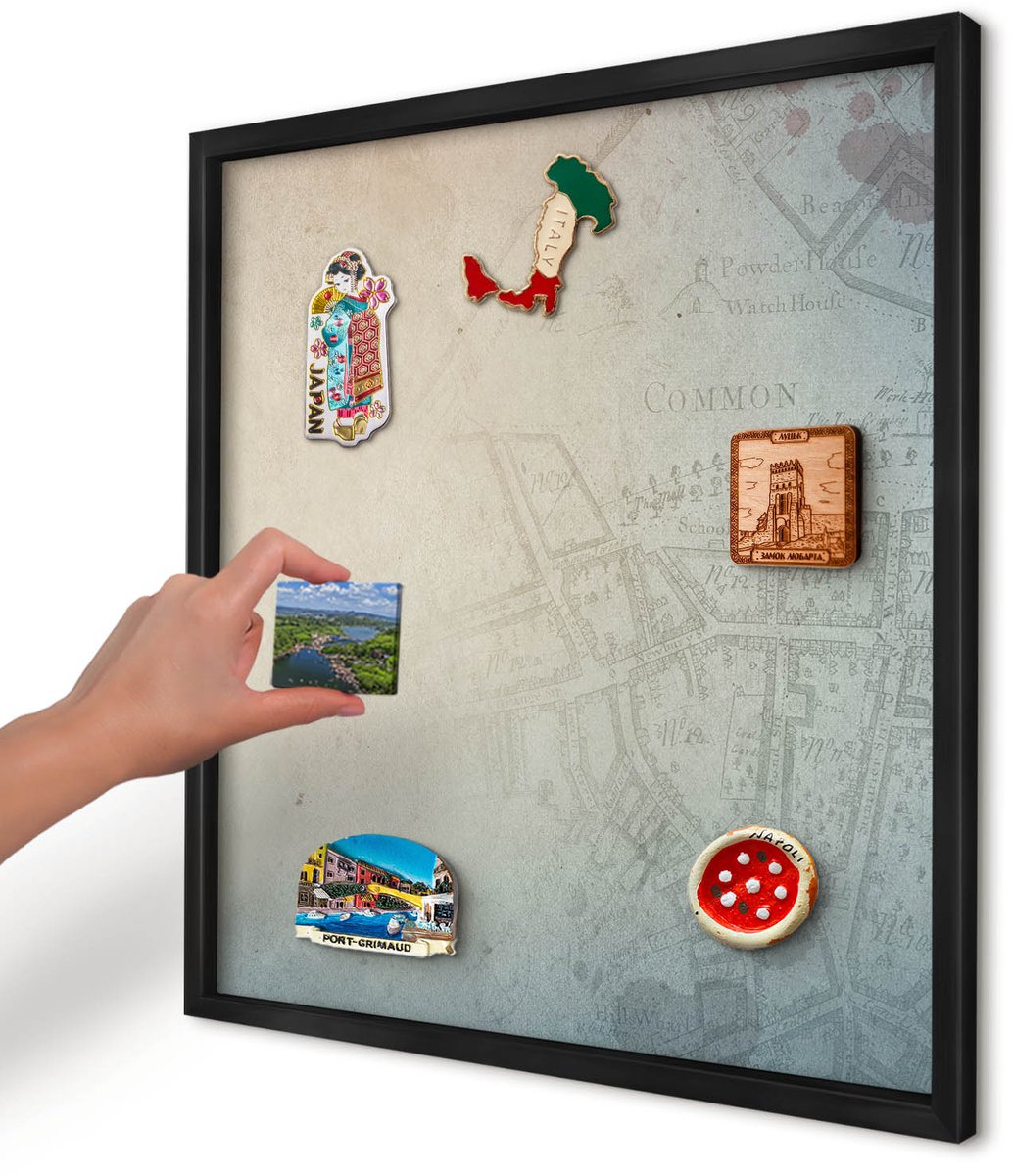 Artprintcave Beige Magneetbord mit Zwart Frame - 50x50 cm - Oude Kaart Memobord Keuken - Vintage Bord Voor Magneten - Kaarten