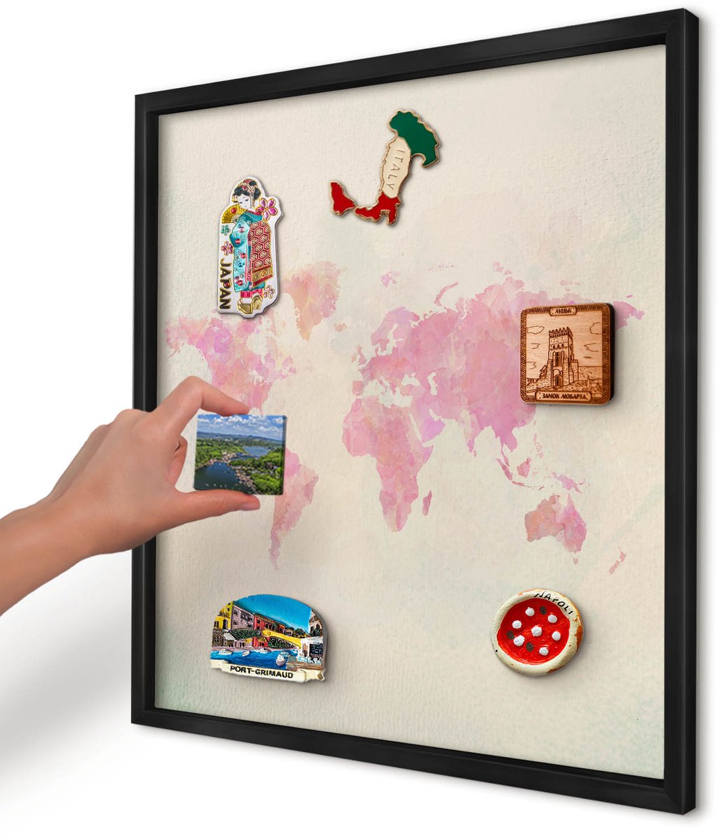 Artprintcave Roze Magneetbord mit Zwart Frame - 50x50 cm - Wereldkaart Magneet Bord mit Frame - Waterverf Magnetisch Bord - Kaarten
