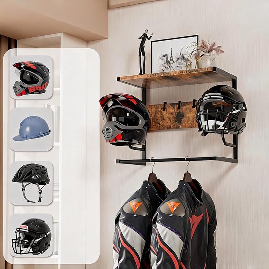 Helmhouder - Dubbele Helmhouder Wandmontage - IJzer & Retro Hout Zwevend - 36kg Draagvermogen - Incl. 4 Haken & 4 Clips - Ophangstang voor Jassen - Voor Hal, Garage & Berging — afbeelding 5