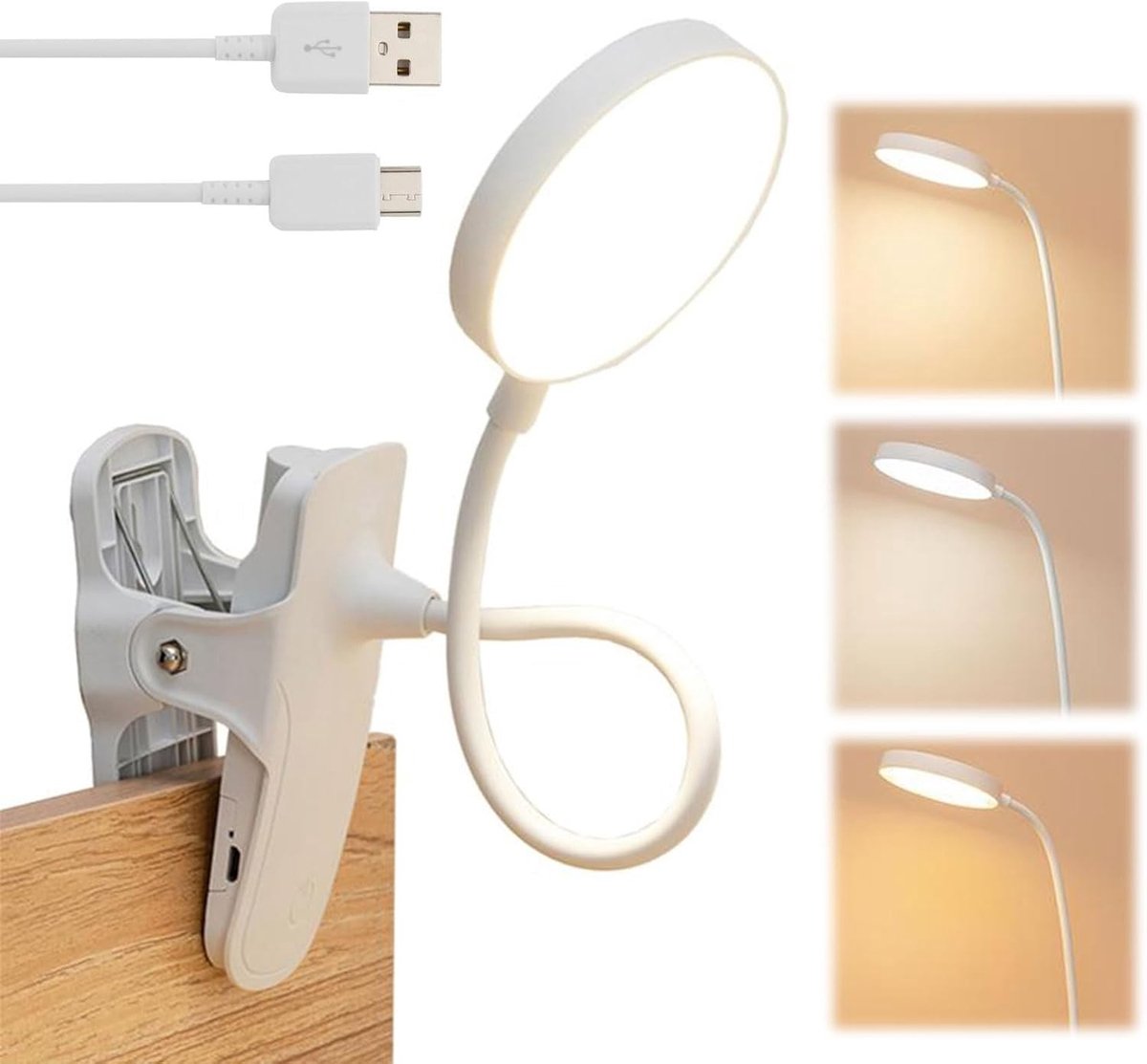 Oplaadbare Leeslamp met Clip en 3 Kleuren Temperatuur - Dimbare Flexibele Nek voor Bed, Studio en Reizen