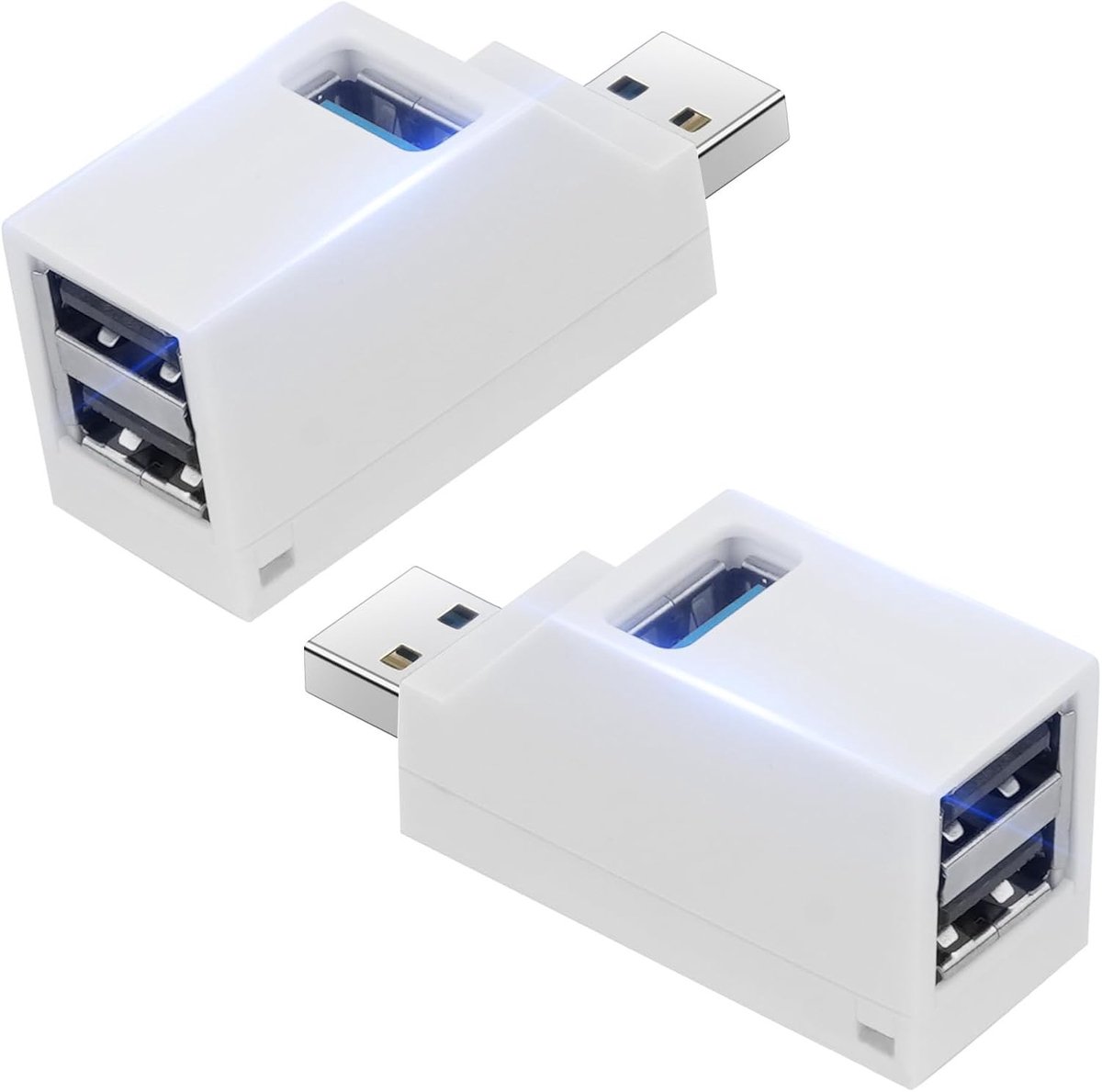 2 Stuks Mini USB Hub, USB 3.0 Adapter met Meerdere Poorten voor Laptop, USB Flash Drives en Mobiele HDD, Hoge Snelheid en Compact Ontwerp, Wit