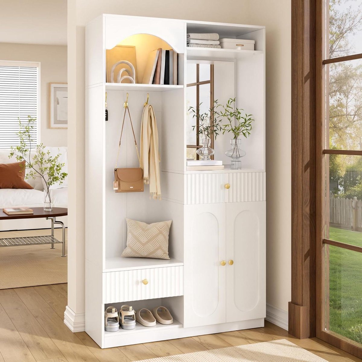 Garderobe met Spiegel - Kledingkast Hal - Entree Organiseren - Geïntegreerde LED Verlichting - 100 x 35 x 180 cm