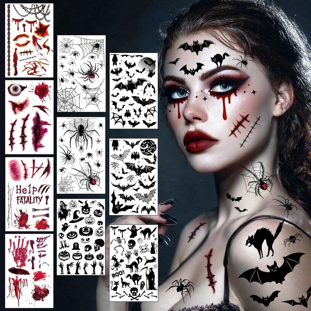 Halloween gezichtstatoeages met 10 vellen, inclusief littekens, spinnen en vampieren voor kostuums en feestaccessoires voor kinderen en volwassenen