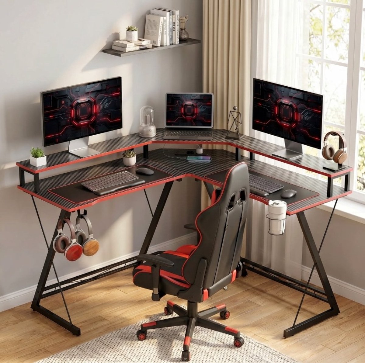 COVREO Hoekbureau 128x128 cm zwart, van hout met stopcontacten
