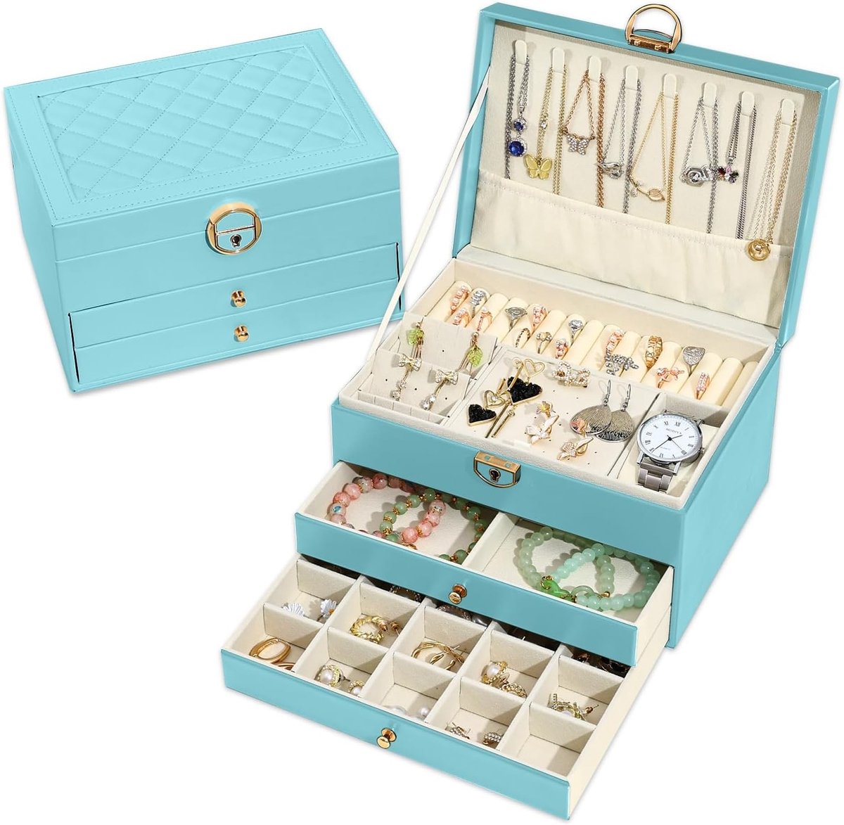 Elegante 3-laags Sieradenbox met 2 Lades, Perfect voor Kettingen, Armbanden, Ringen en Oorbellen (Lichtblauw)