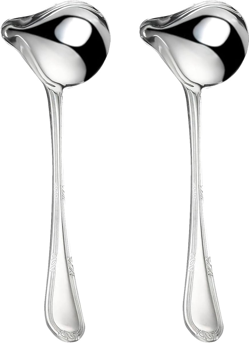 SnelShoppen - Sauce Lepel Set van 2 Stuks, RVS, Afwasmachinebestendig, Kleine Sauce Lepel met Tuit, Perfect voor Soepen, Saus, Dressings (26.7 cm, Zil