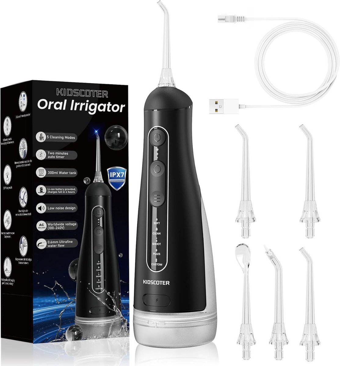Draadloze Water Flosser met Verwijderbare Tank, Oplaadbare Mondirrigator met 5 Modi, 300ml Draagbare Tandflosser, IPX7 Waterdicht voor Thuis en Reizen, Effectieve Mondverzorging