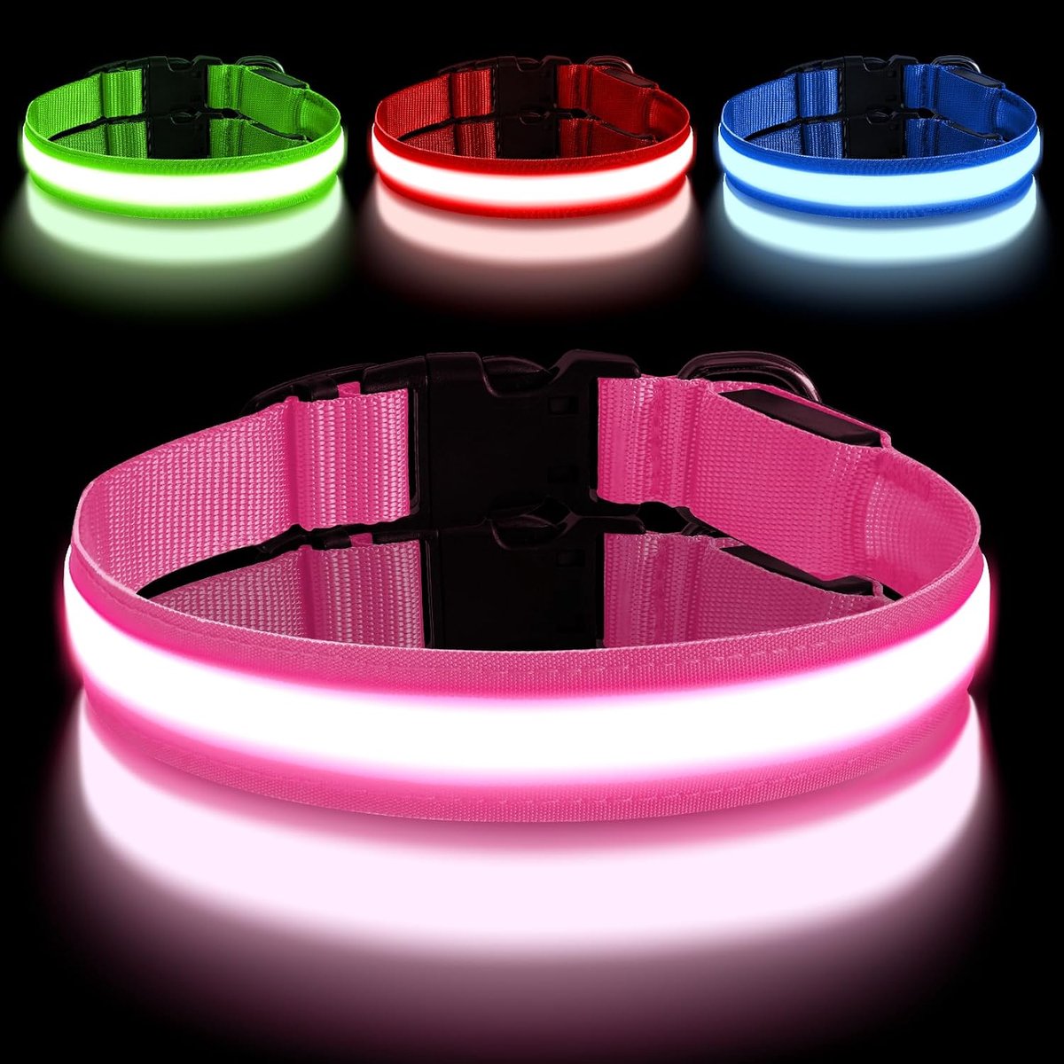 SnelShoppen - Oplaadbare LED Hondenhalsband voor Middelgrote Honden, Waterdicht, Verstelbaar, Roze, 3 Verlichtingsmodi, Veiligheidshalsband voor Nacht