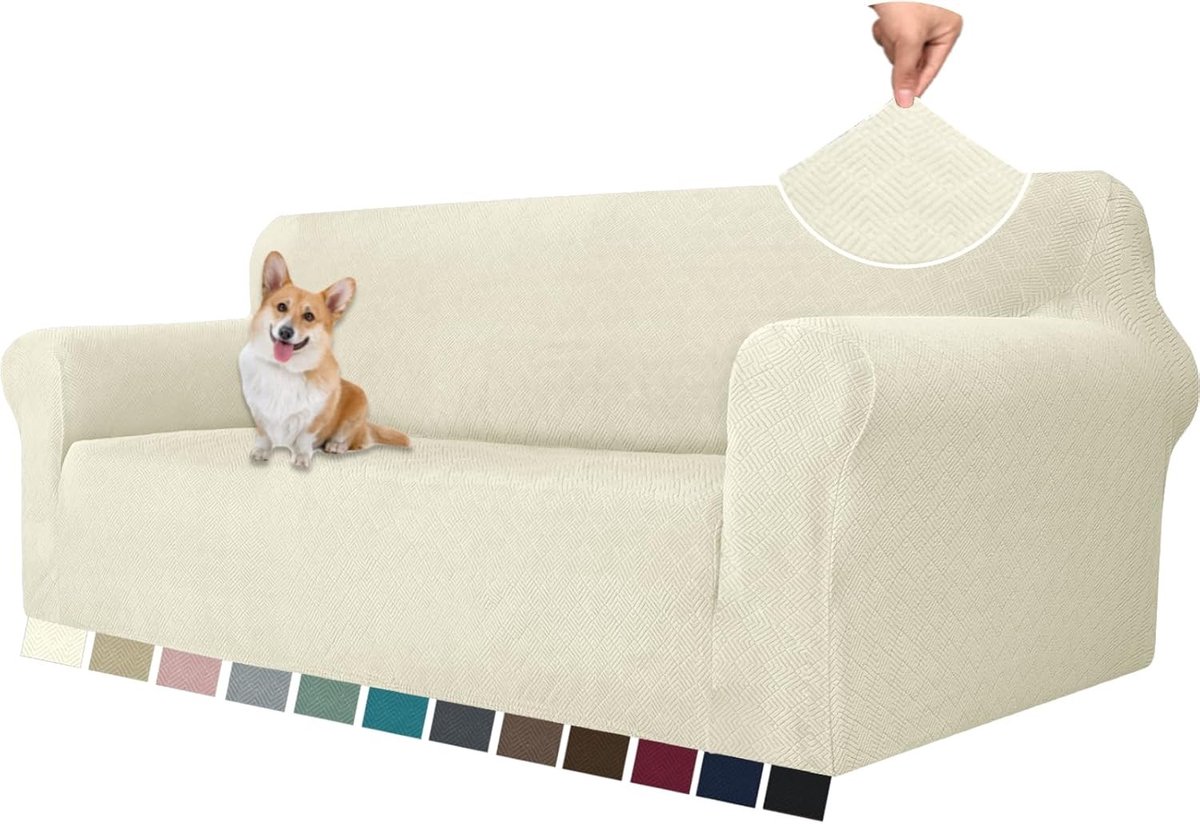 Stretch Sofa Cover voor 3 Zits Bank, Universele Elastische Hoes met Anti-slip Schuim, Krabbestendige Bescherming in Beige voor Woonkamer