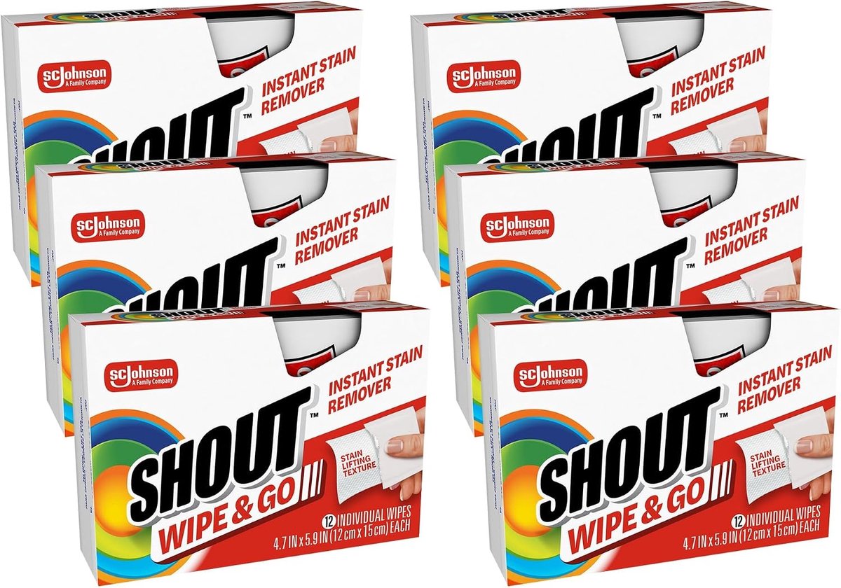 SnelShoppen - Shout Wipes Flekkenreinigingstücher – 6er-Pack, 72 Draagbare Fleckenreinigers voor Kleding, Tapijt, Meubels, Handig voor Feest, Camping,