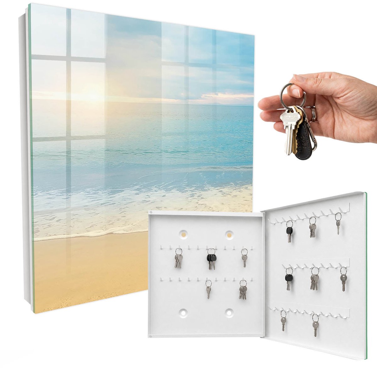 WallMuralia - Sleutelkast - 30x30x5 cm - met 50 haken - Ochtendlandschap Sleutelkastje Modern - Turkoois Sleutelbox - Rechtsopenend - Wit interieur