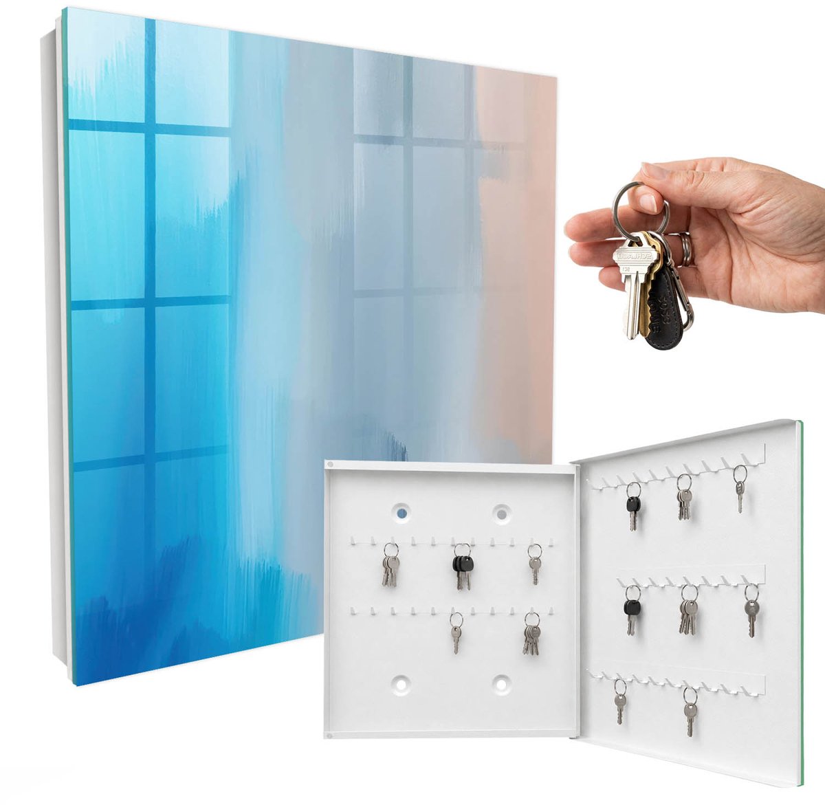 WallMuralia - Sleutelkast - 30x30x5 cm - met 50 haken - Ontspannende Gradiënt Groot Sleutelkastje - Blauw Sleutelbox - Rechtsopenend - Wit interieur