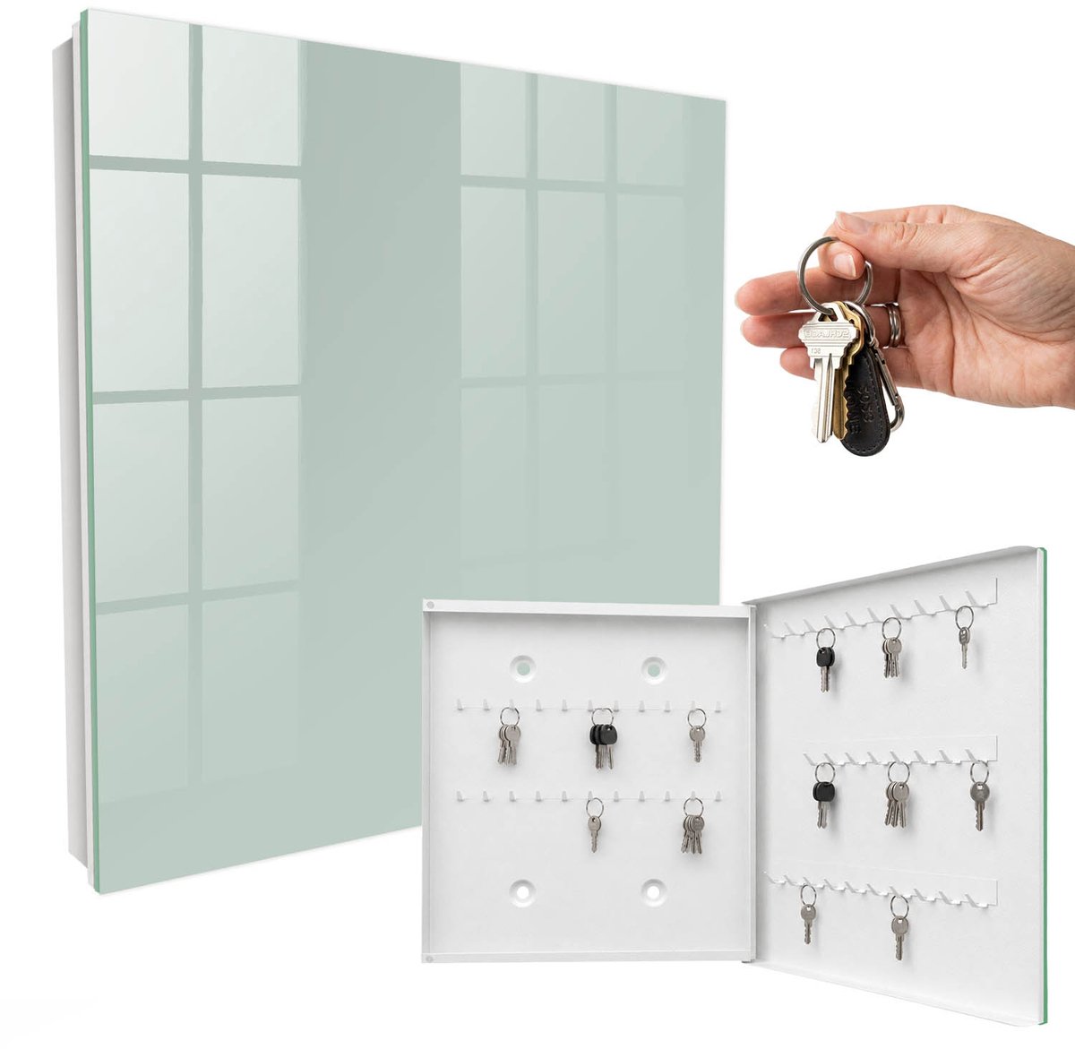 WallMuralia - Sleutelkast - 30x30x5 cm - met 50 haken - Lichte Munt Sleutelkastje Binnen - Groente Sleutelbox - Rechtsopenend - Wit interieur