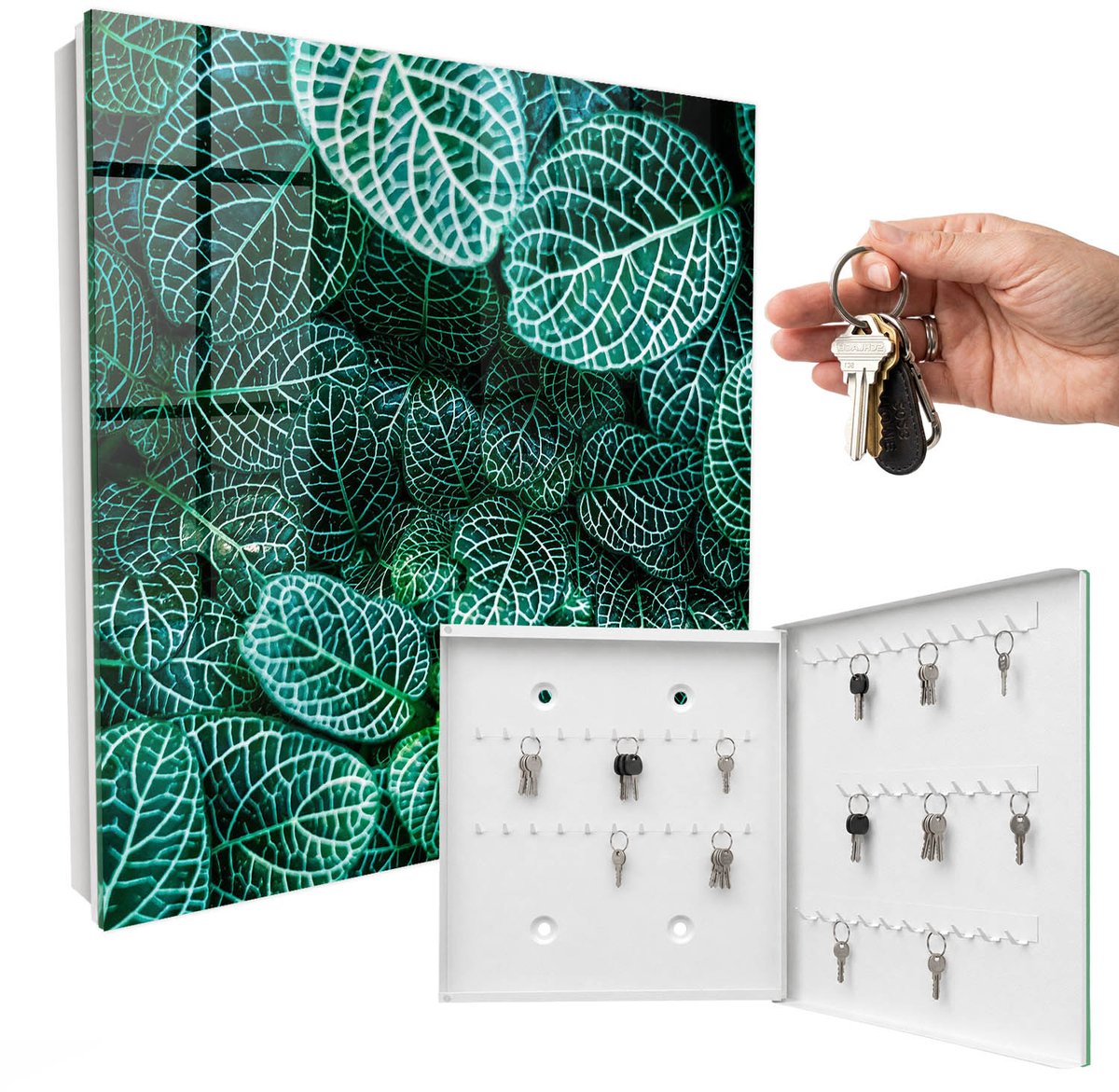WallMuralia - Sleutelkast - 30x30x5 cm - met 50 haken - Groene Patronen Leuk Sleutelkastje - Groente Sleutelbox - Rechtsopenend - Wit interieur