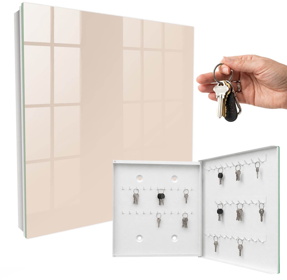 WallMuralia - Sleutelkast - 30x30x5 cm - met 50 haken - Warm Beige Design Sleutelkastje - Beige Sleutelbox - Rechtsopenend - Wit interieur