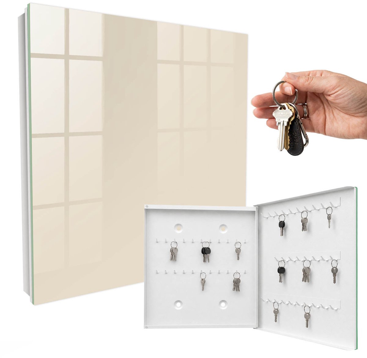 WallMuralia - Sleutelkast - 30x30x5 cm - met 50 haken - Lichte Steen Sleutelkastje Gang - Romig Sleutelbox - Rechtsopenend - Wit interieur