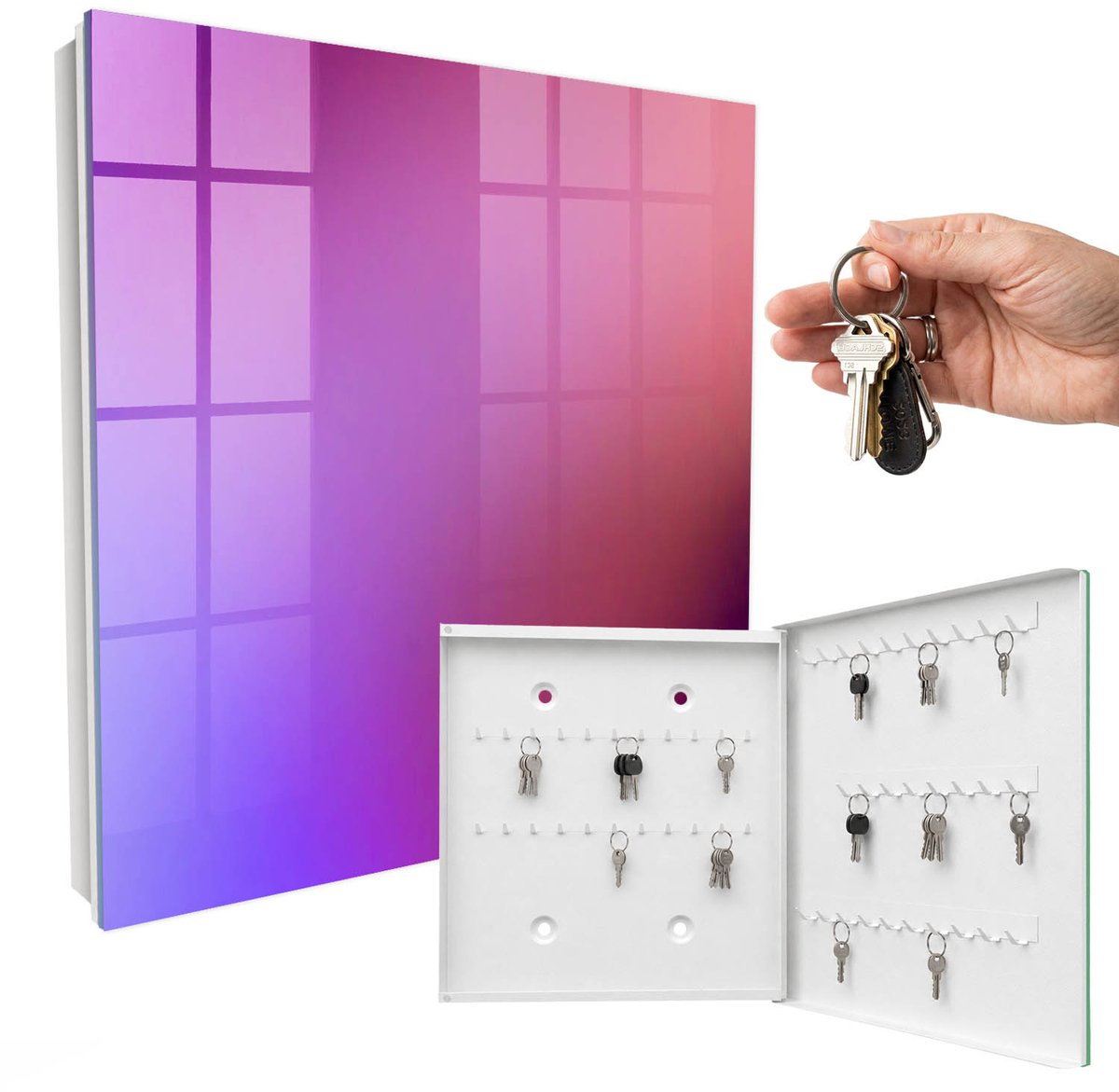 WallMuralia - Sleutelkast - 30x30x5 cm - met 50 haken - Kleurrijk Verloop Sleutelkastje Muur - Paars Sleutelbox - Rechtsopenend - Wit interieur