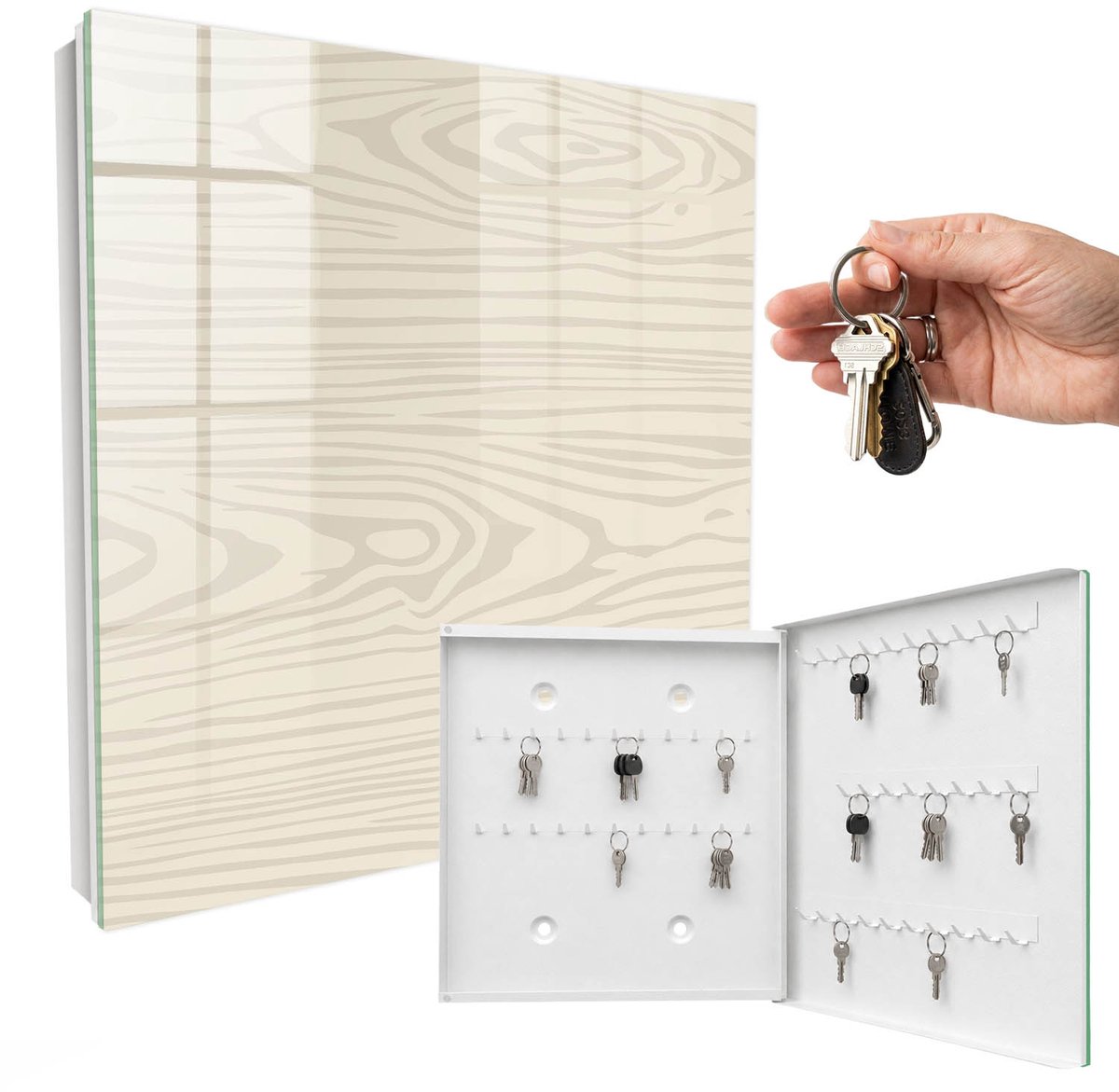 WallMuralia - Sleutelkast - 30x30x5 cm - met 50 haken - Houten Patroon Leuk Sleutelkastje - Beige Sleutelbox - Rechtsopenend - Wit interieur