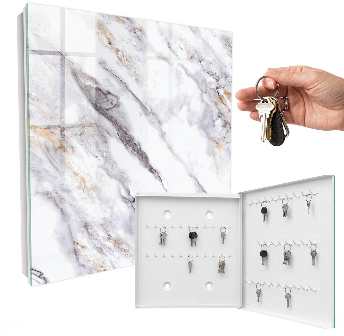 WallMuralia - Sleutelkast - 30x30x5 cm - met 50 haken - Marmeren Elegantie Groot Sleutelkastje - Wit Sleutelbox - Rechtsopenend - Wit interieur