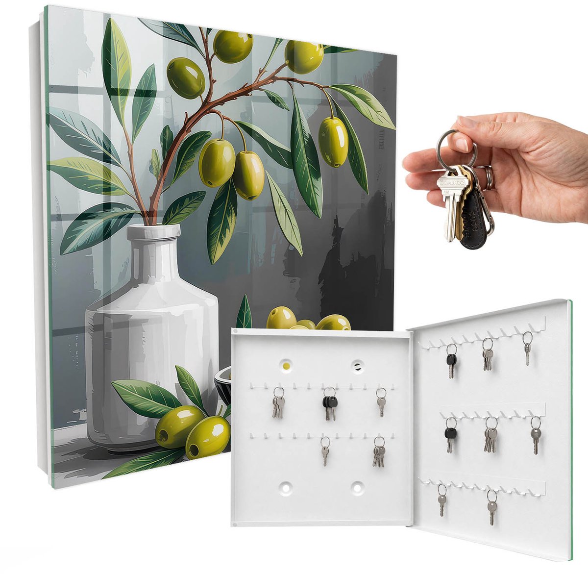 WallMuralia - Sleutelkast - 30x30x5 cm - met 50 haken - Groene Olijf Sleutelkastje Klein - Groente Sleutelbox - Rechtsopenend - Wit interieur