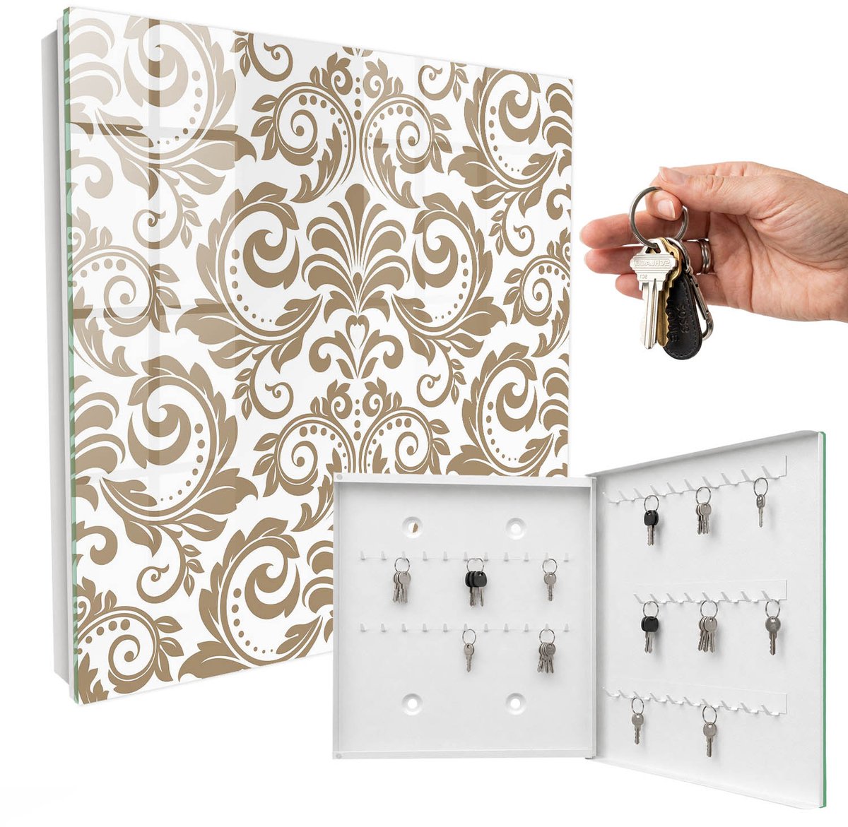 WallMuralia - Sleutelkast - 30x30x5 cm - met 50 haken - Bloemenornament Sleutelkastje Design - Bruin Sleutelbox - Rechtsopenend - Wit interieur