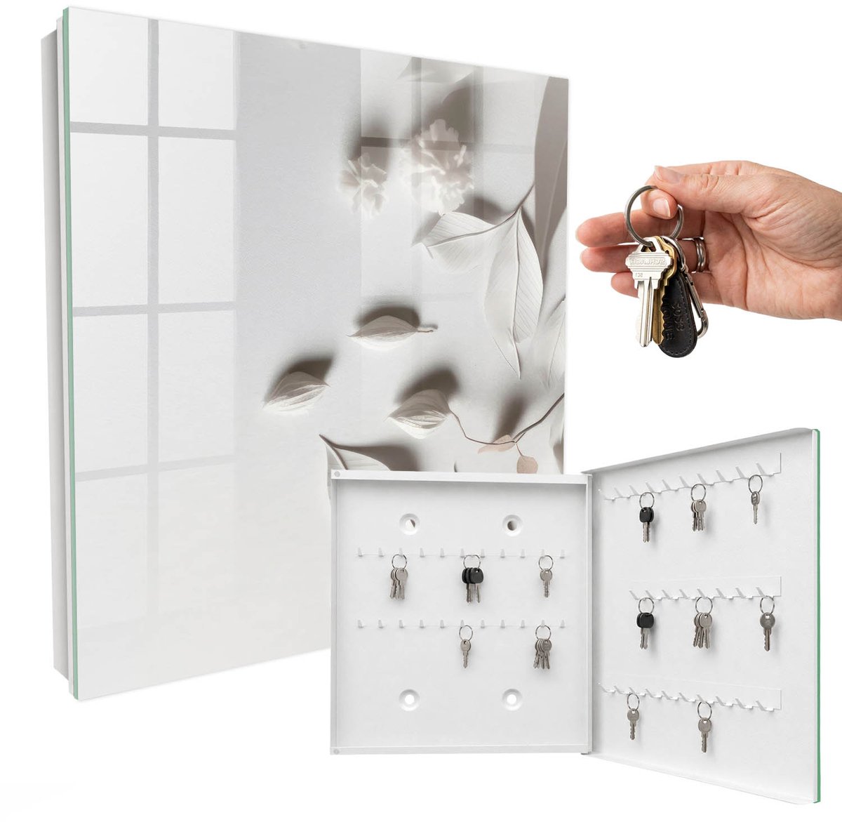 WallMuralia - Sleutelkast - 30x30x5 cm - met 50 haken - Witte Bladeren Sleutelkastje Landelijk - Wit Sleutelbox - Rechtsopenend - Wit interieur
