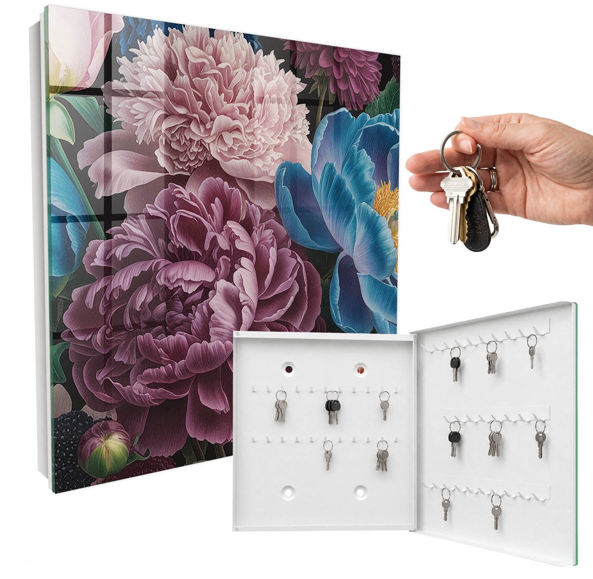 WallMuralia - Sleutelkast - 30x30x5 cm - met 50 haken - Kleurrijke Bloemen Sleutelkastje Gang - Roze Sleutelbox - Rechtsopenend - Wit interieur