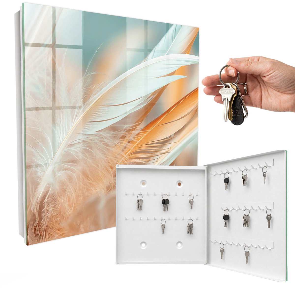 WallMuralia - Sleutelkast - 30x30x5 cm - met 50 haken - Pastelkleurige Veren Sleutelkastje Design - Beige Sleutelbox - Rechtsopenend - Wit interieur