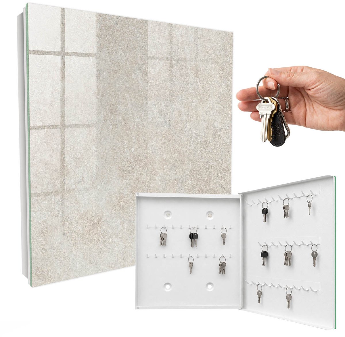 WallMuralia - Sleutelkast - 30x30x5 cm - met 50 haken - Fijne Zandsteen Sleutelkastje Voor Binnen - Beige Sleutelbox - Rechtsopenend - Wit interieur