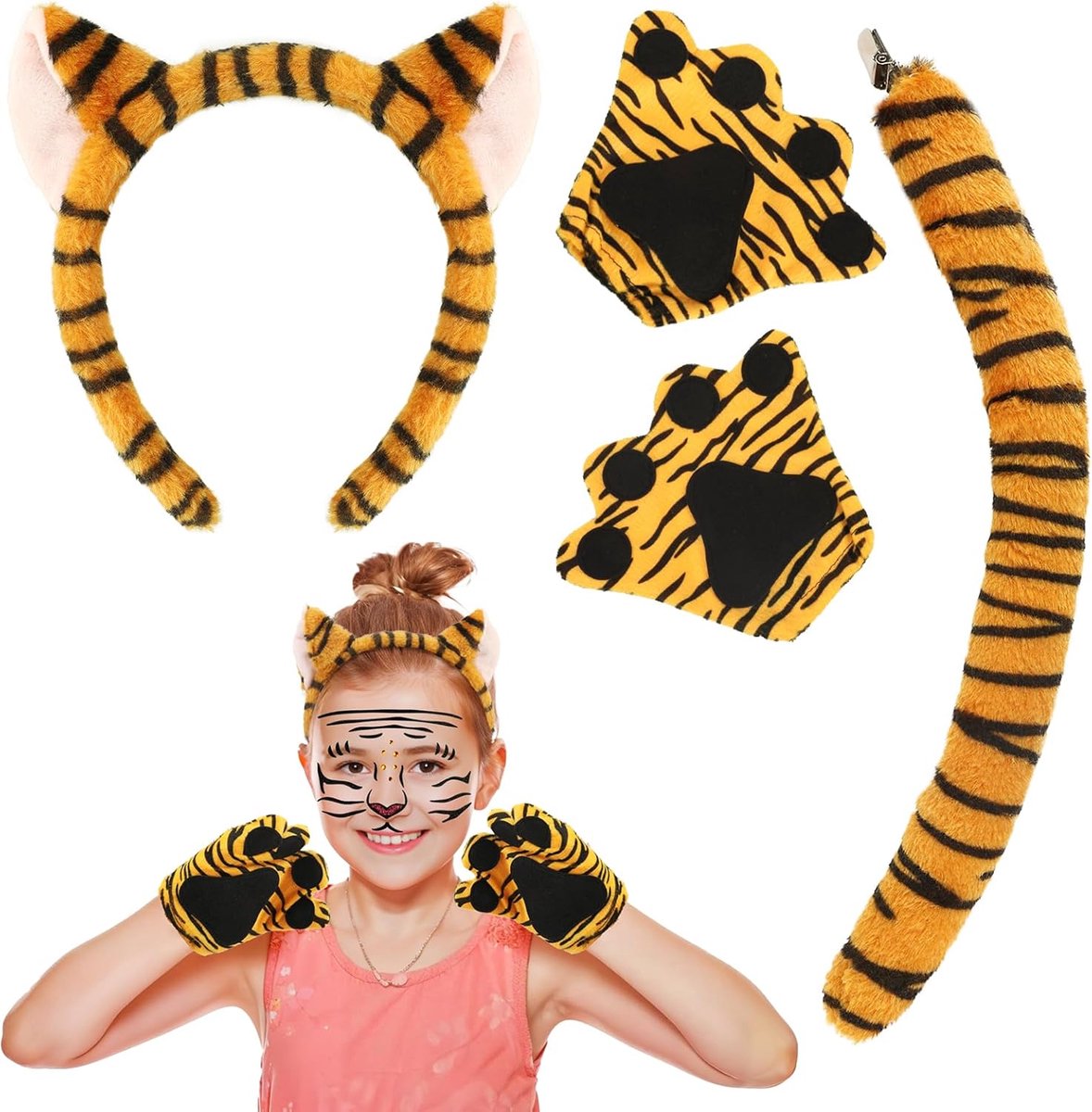 Kostuumset, tijgeroren en staart, set met hoofdband, staart, poten en