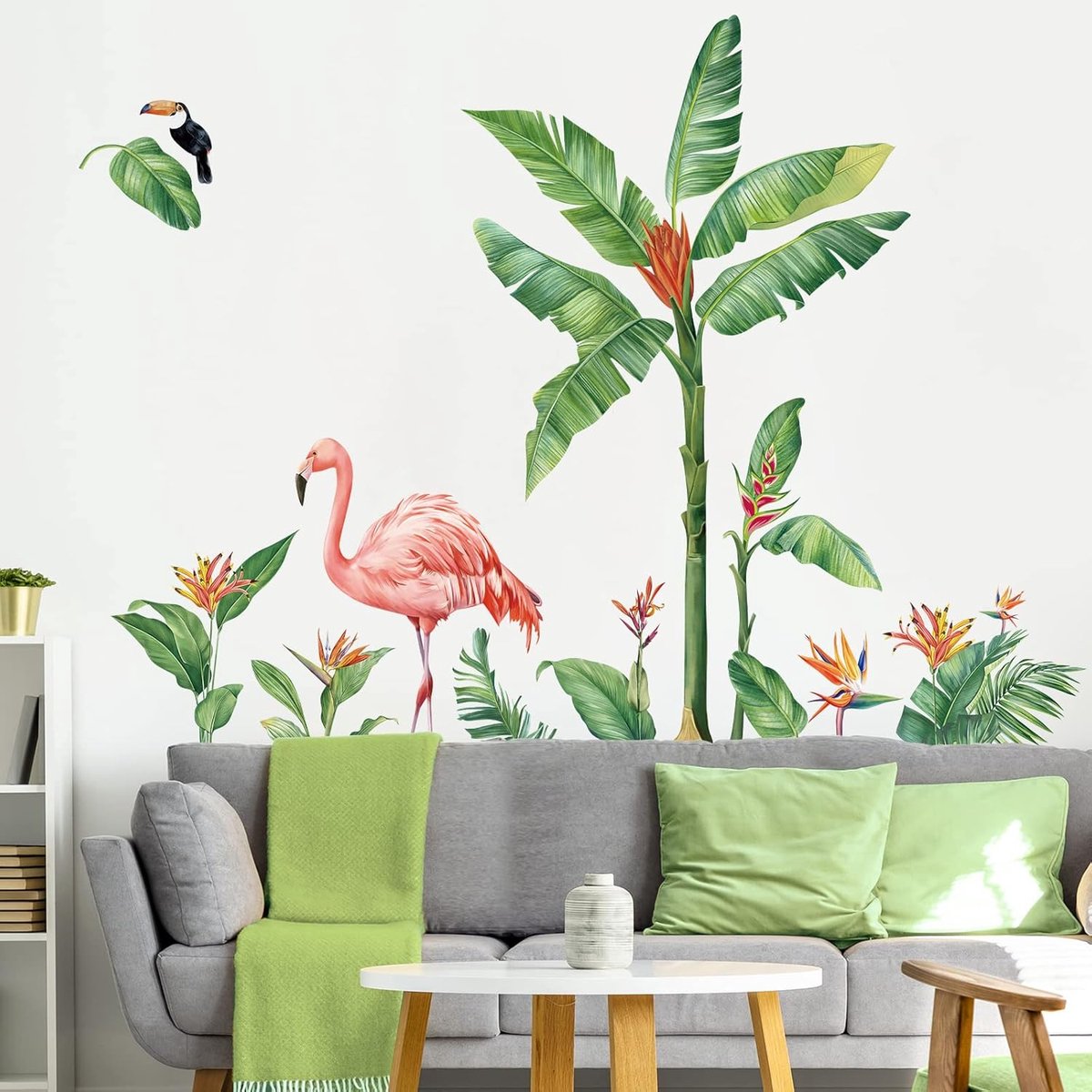 decalmile Tropische Bladeren Muurstickers Flamingo Groene Planten Muurtattoo Meisje Kamer Slaapkamer Woonkamer Sofa TV Achtergrond Wanddecoratie
