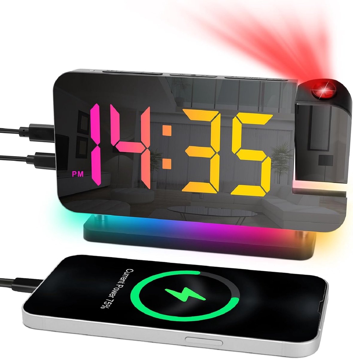 Plafondprojectiewekker, projectiewekker met dubbele USB-oplaadpoort, weergave van RGB-cijfers 11 kleuren, 6 helderheidsniveaus, verlichte wekker met 10 lichtkleuren