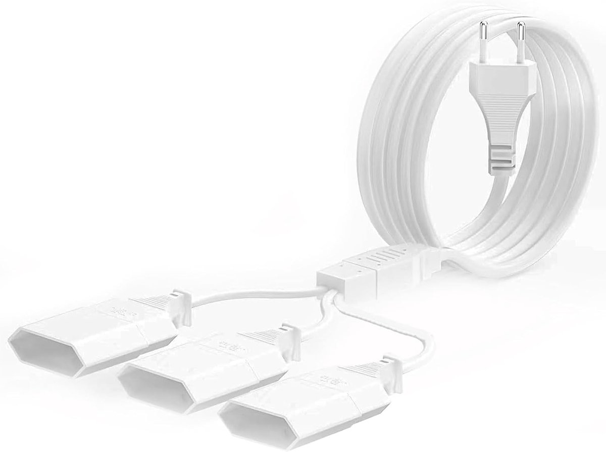 verlenging met platte stekker, 5 m stroomkabel verlenging netsnoer, 3-in-1 type C eurostekker naar Eurobuchse, 0,75 mm² max. 2,5 A/250 V voor thuis, tv, wit