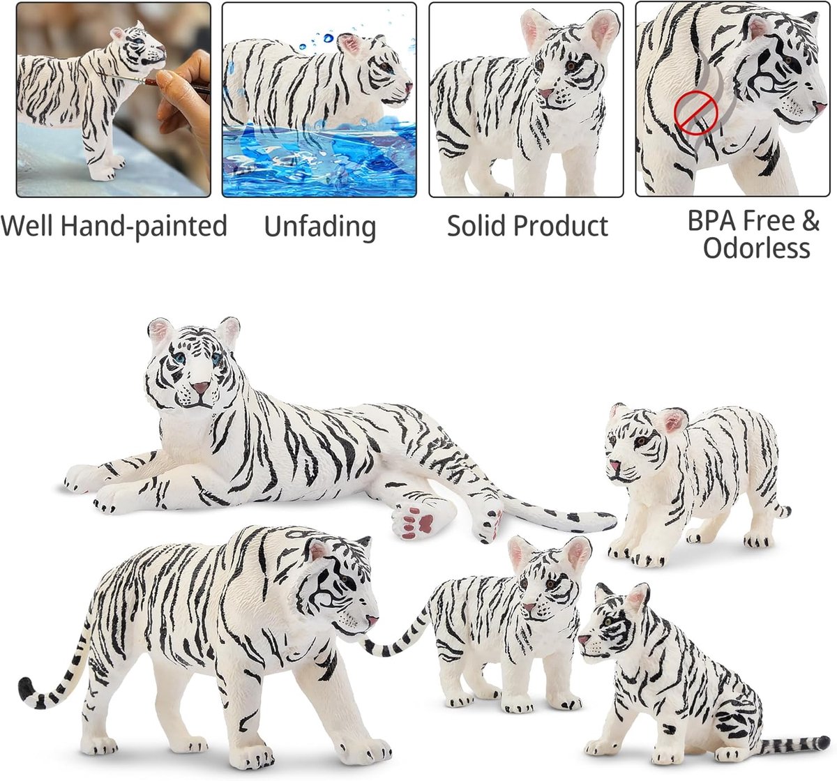 6 stuks witte tijgerdierfiguren met tijgerjongens, jungledierfiguren