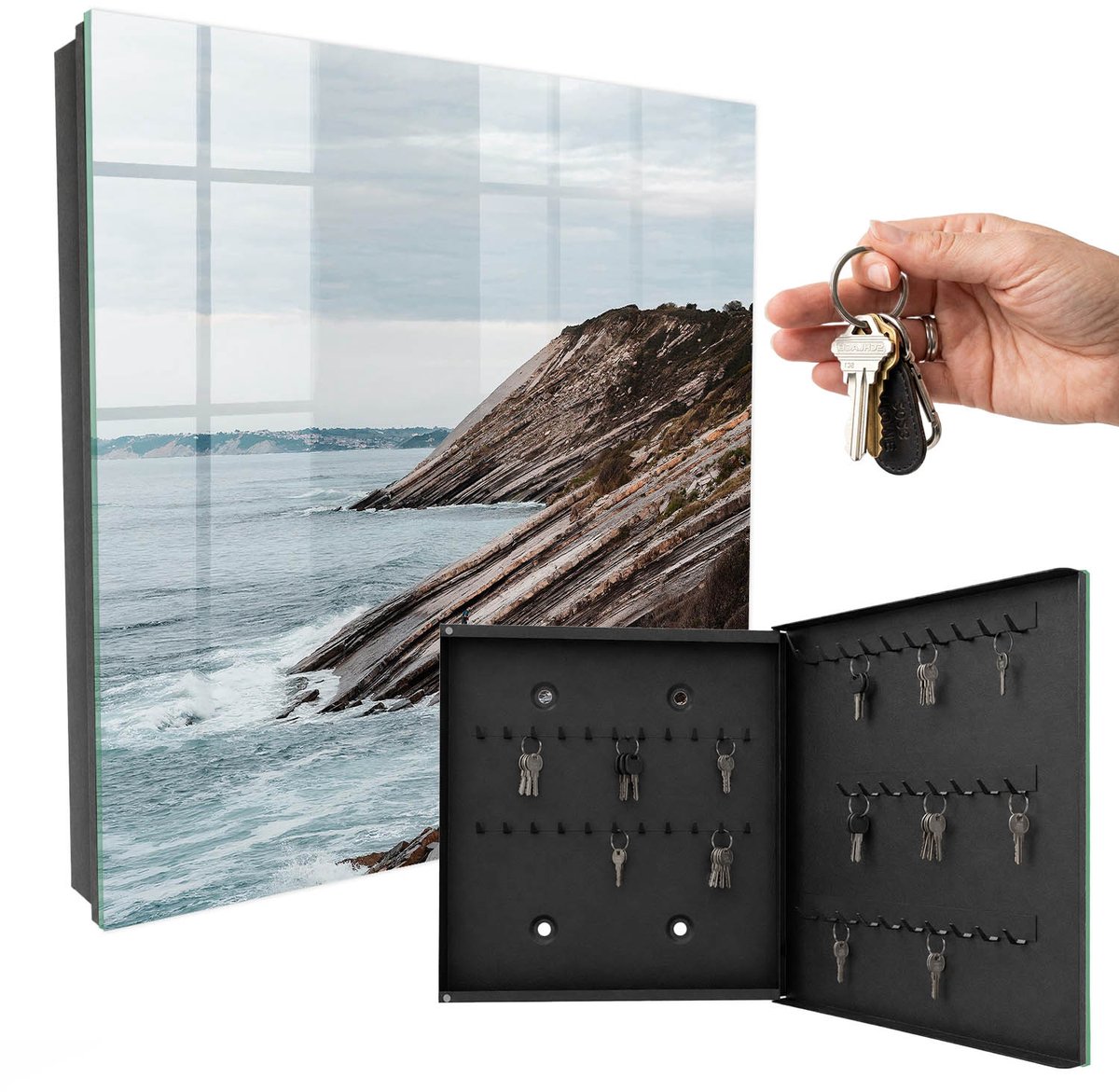 WallMuralia - Sleutelkast - 30x30x5 cm - met 50 haken - Kustlandschap Sleutelkastje Industrieel - Grijs Sleutelbox - Rechtsopenend - Zwart interieur