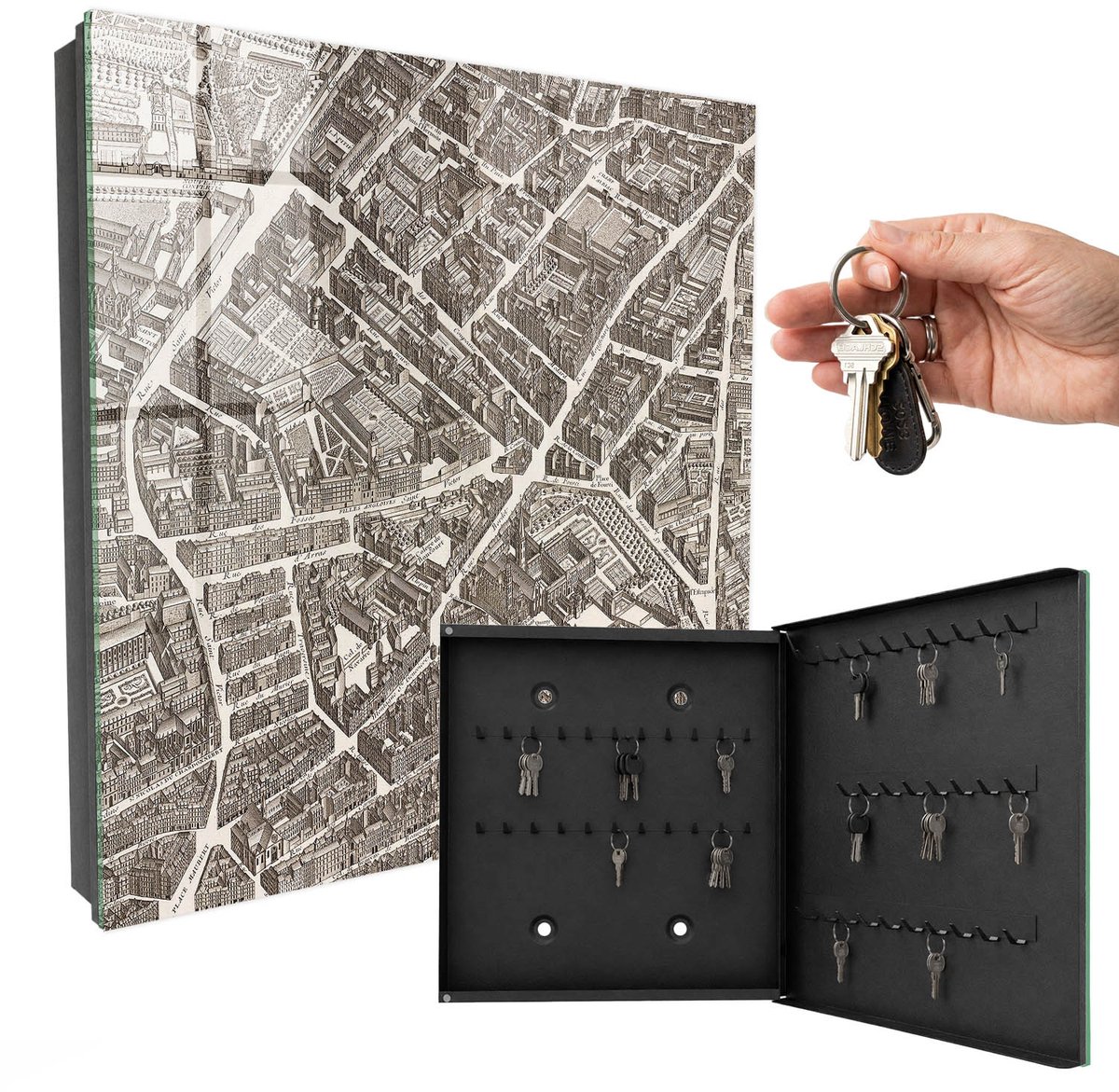 WallMuralia - Sleutelkast - 30x30x5 cm - met 50 haken - Stadsplattegrond Sleutelkastje Voor Binnen - Beige Sleutelbox - Rechtsopenend - Zwart interieur