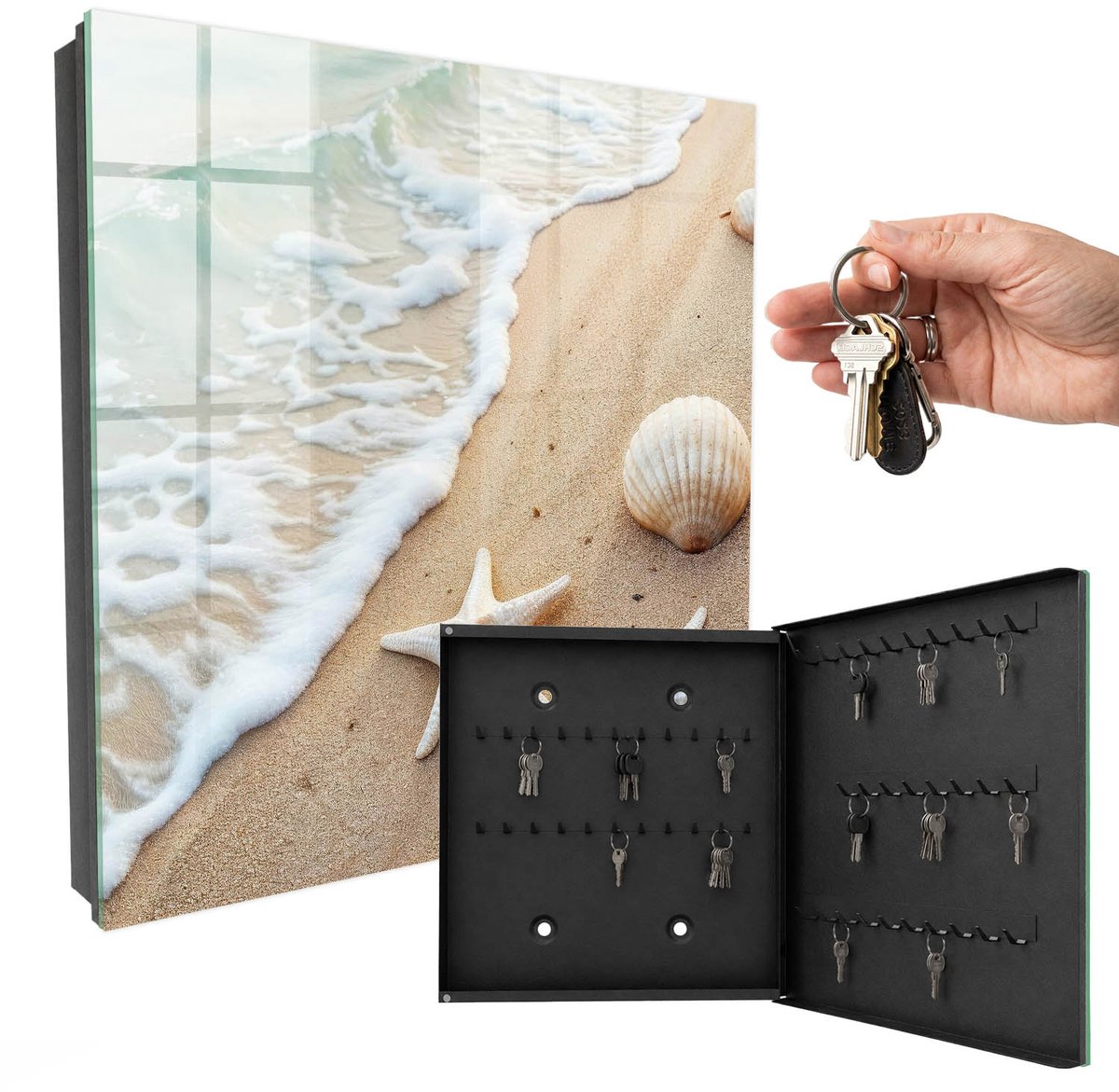 WallMuralia - Sleutelkast - 30x30x5 cm - met 50 haken - Strandparadijs Sleutelkastje Klein - Beige Sleutelbox - Rechtsopenend - Zwart interieur