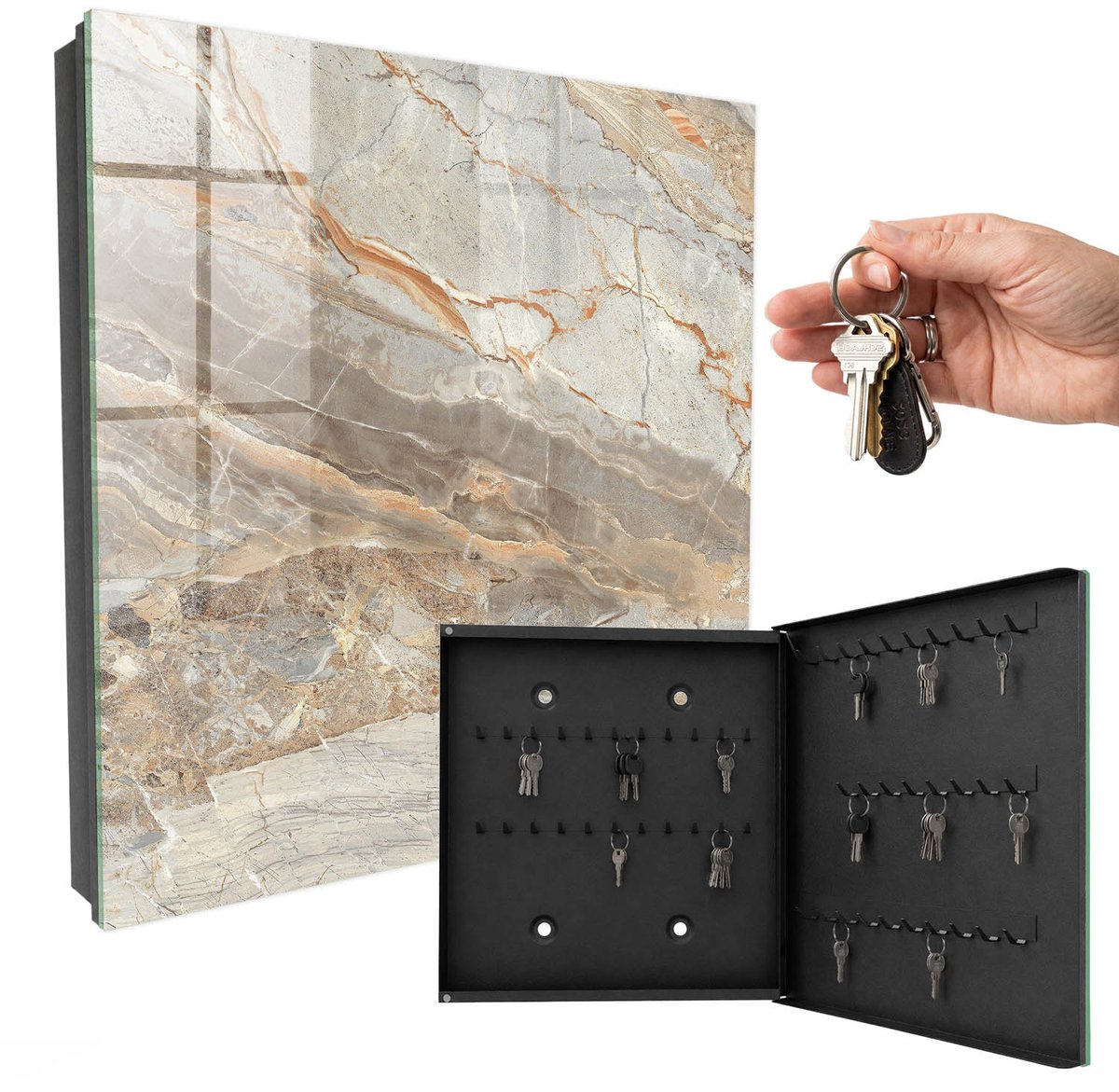 WallMuralia - Sleutelkast - 30x30x5 cm - met 50 haken - Elegant Marmer Sleutelkastje Klein - Grijs Sleutelbox - Rechtsopenend - Zwart interieur