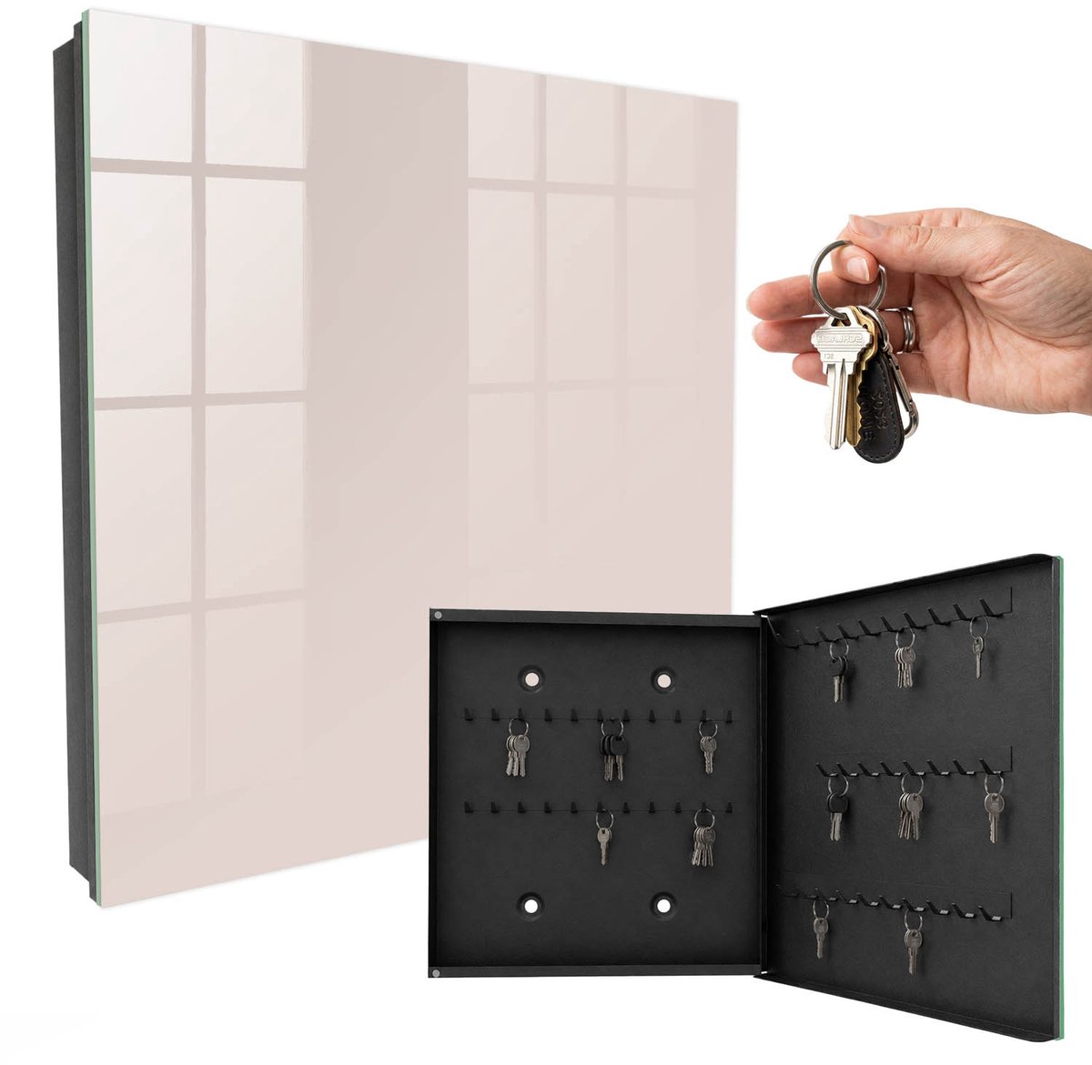 WallMuralia - Sleutelkast - 30x30x5 cm - met 50 haken - Roze Steen Sleutelkastje Huis - Roze Sleutelbox - Rechtsopenend - Zwart interieur