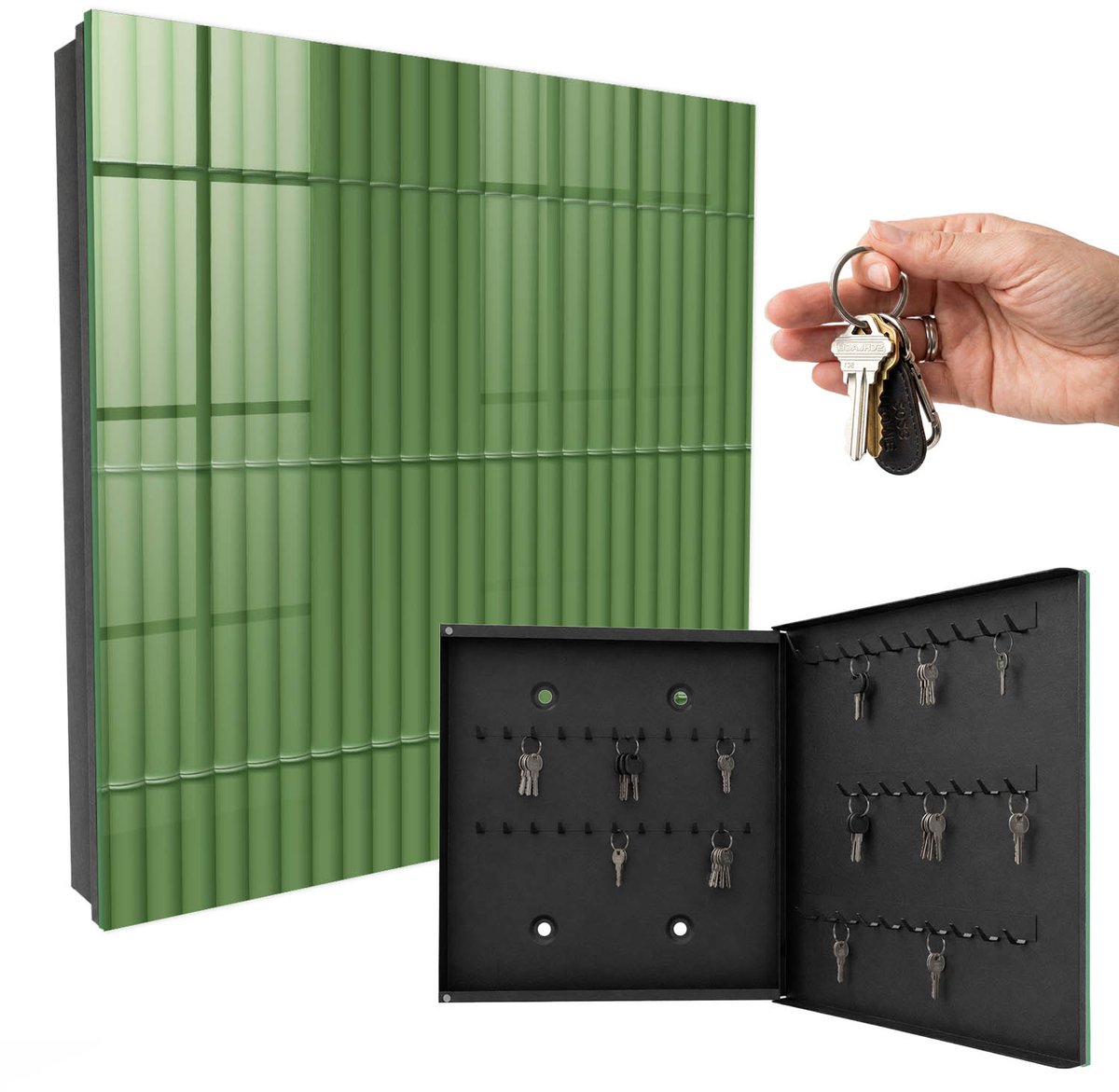 WallMuralia - Sleutelkast - 30x30x5 cm - met 50 haken - Groene Bamboe Sleutelkastje Voor Binnen - Groente Sleutelbox - Rechtsopenend - Zwart interieur