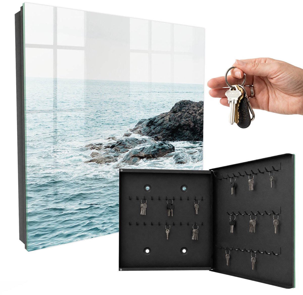 WallMuralia - Sleutelkast - 30x30x5 cm - met 50 haken - Zeegolven Sleutelkastje Muur - Turkoois Sleutelbox - Rechtsopenend - Zwart interieur