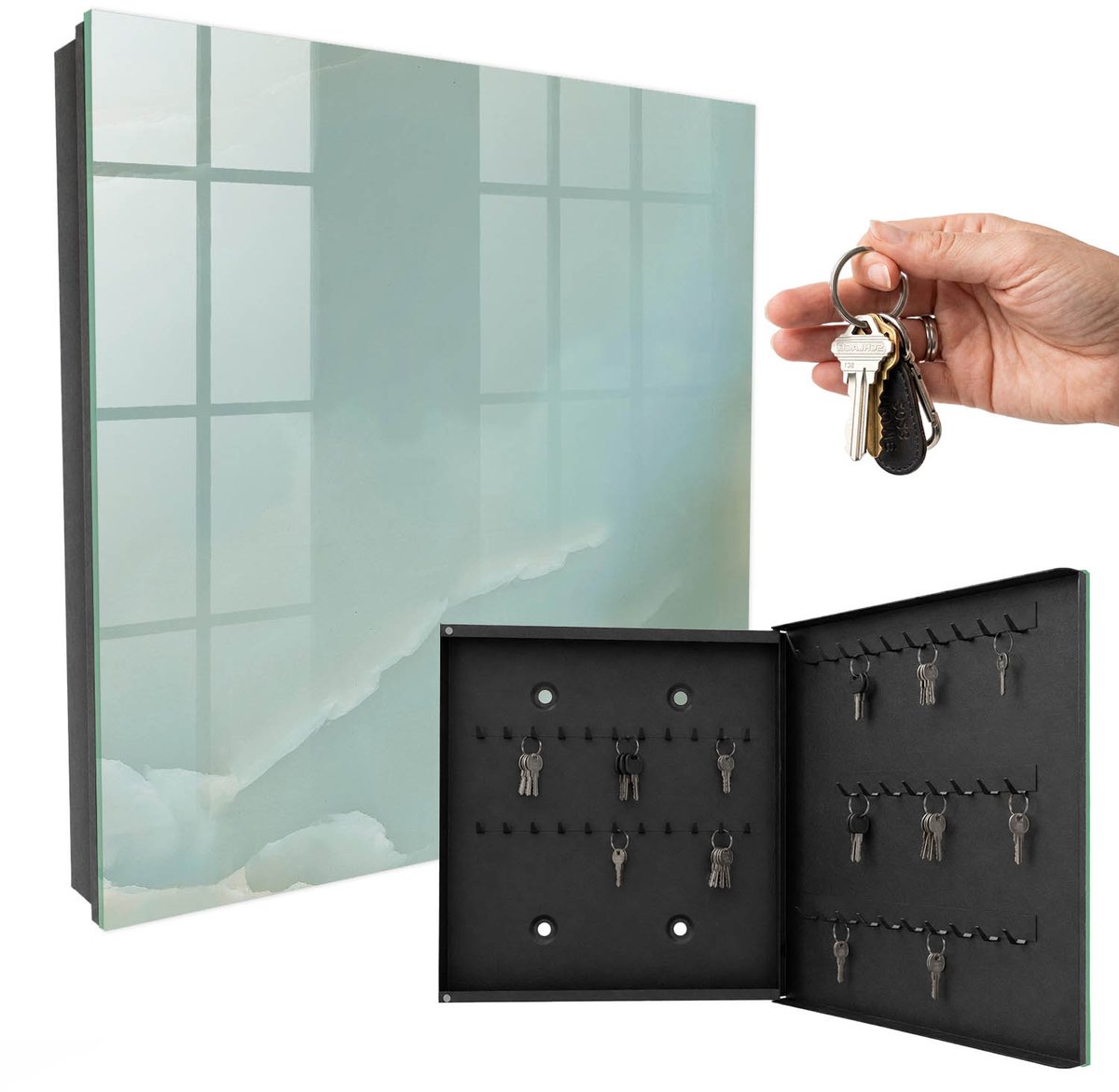 WallMuralia - Sleutelkast - 30x30x5 cm - met 50 haken - Pastel Harmonie Sleutelkastje Industrieel - Turkoois Sleutelbox - Rechtsopenend - Zwart interieur